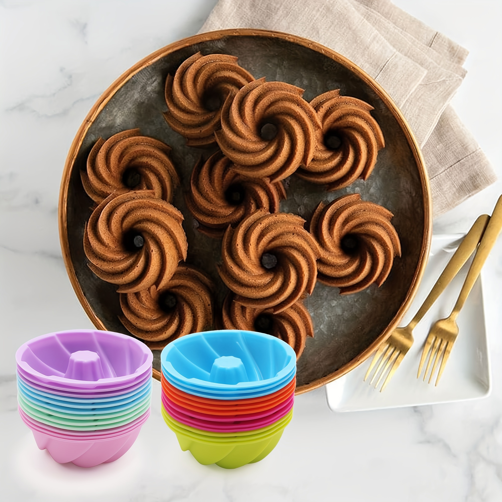 

12-piece Silicone Molds: Non-stick Mini Fluted Cake Cups, 2.5 Inch Spiral Silicone Molds, Heat Resistant Bakeware For Bagel, Muffin, Jelly, And Cake Baking - Perfect For Christmas!