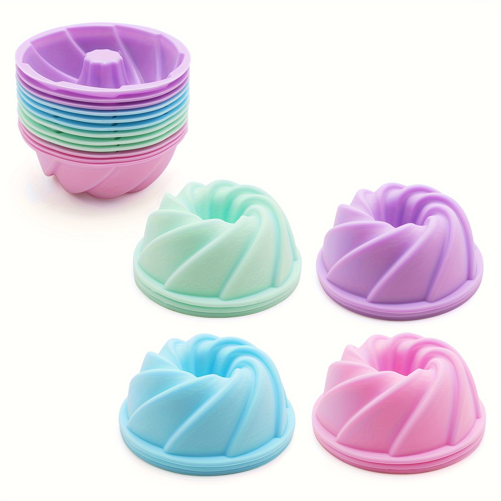 Image of 12pcs, Silicone Doughnut Cake Mold, Mini Fluted Cake Cups, 2.5 Inch Spiral Silicone Molds, Heat Resistant Bakeware For Bagel, Muffin, Jelly And Cake Baking