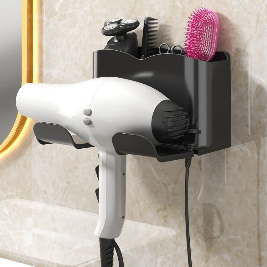 

Wall Mounted Hair Dryer Holder, Plastic Bathroom Organizer Box With Guardrail And Winding Hook, No Electricity Needed