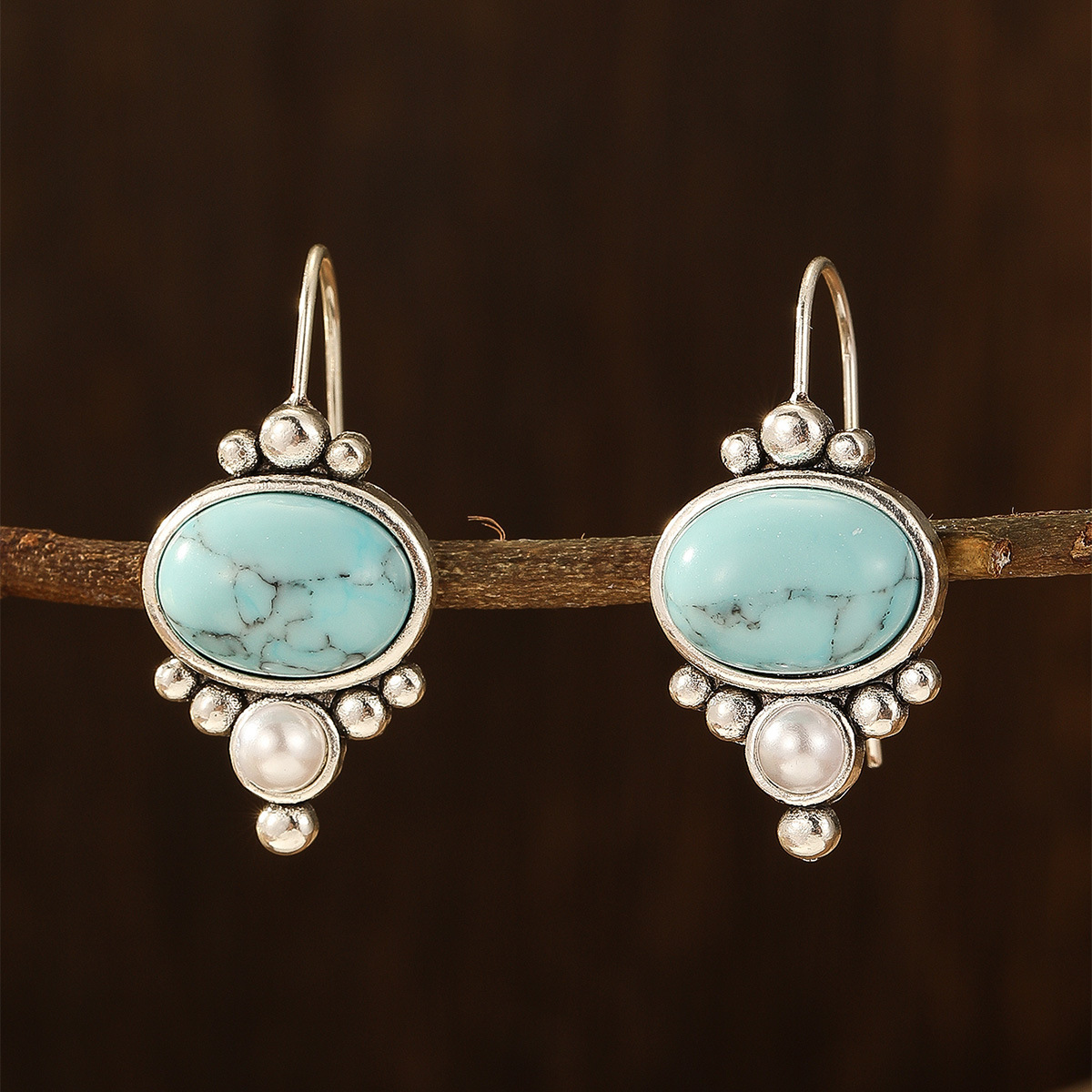 TEMU 2pcs/pair Round Turquoise Inlaid Dangle Earrings Bohemian Ethnic Style Jewelry Delicate Female Gift