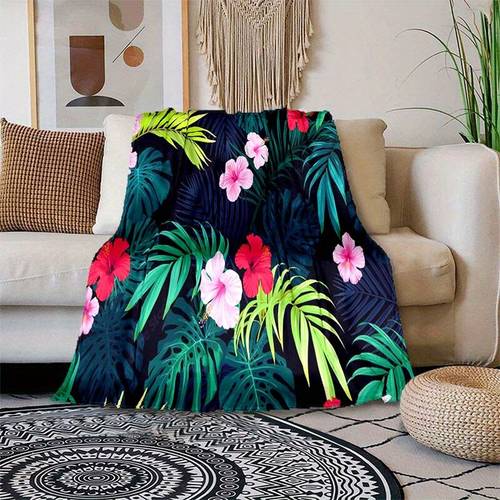 Soft Plush Hibiscus & Tropical Leaf Throw Blanket - Perfect for Office Naps, Bedroom Sofa Comfort, and Travel Picnics