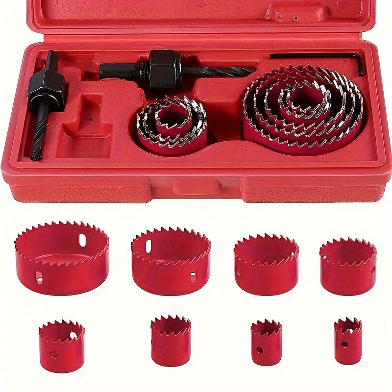 

Complete Kit With 8 Blades (3/4"-2-1/2") - Includes Mandrel & Hex Key, Ideal For Soft Wood, Pvc & Plastic Boards - Durable Steel Construction, Red Or Black