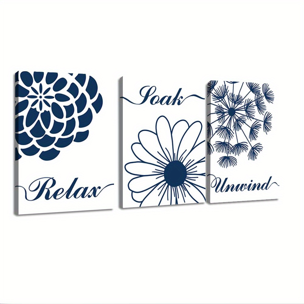 

3pcs Relax Soak Bathroom Dahlia Flowers Prints Navy Blue Gry Bathroom Decor Abstract Modern Wall Painting For Washroom Decor Bathroom Quote