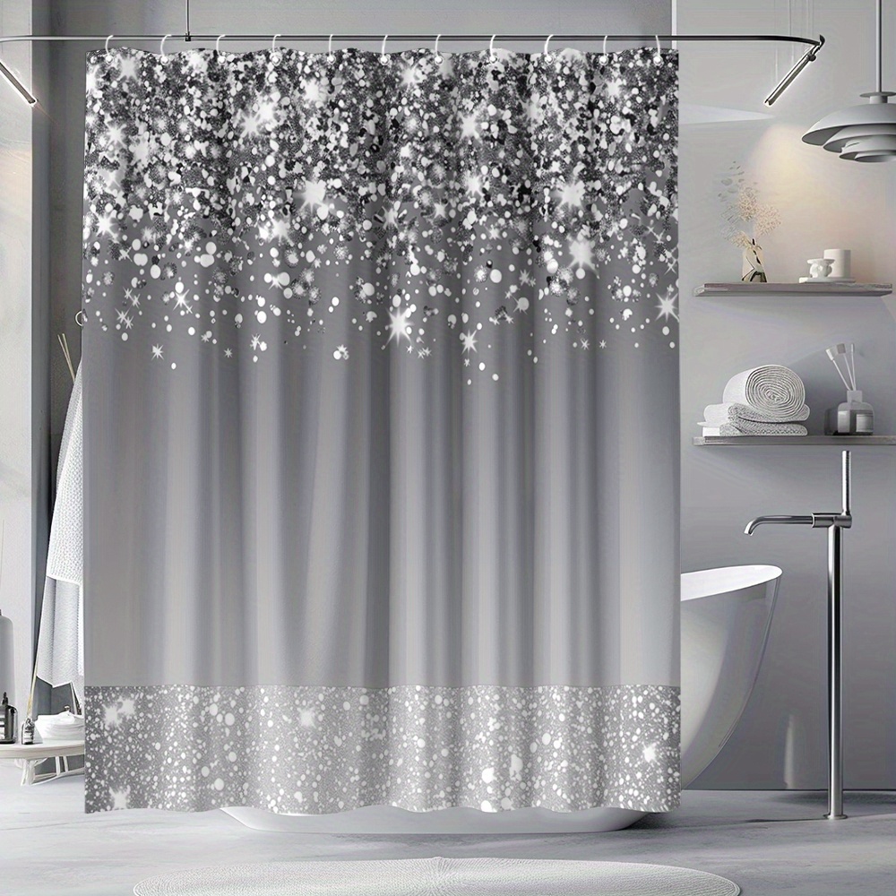 

1pc, Gray Gradient, Silver Texture, Sequins Pattern, 12 Hooks Digitally Printed Polyester, Waterproof, Bathroom Decoration, Bathroom Accessories, Can Be Used As Curtain, 71*71in