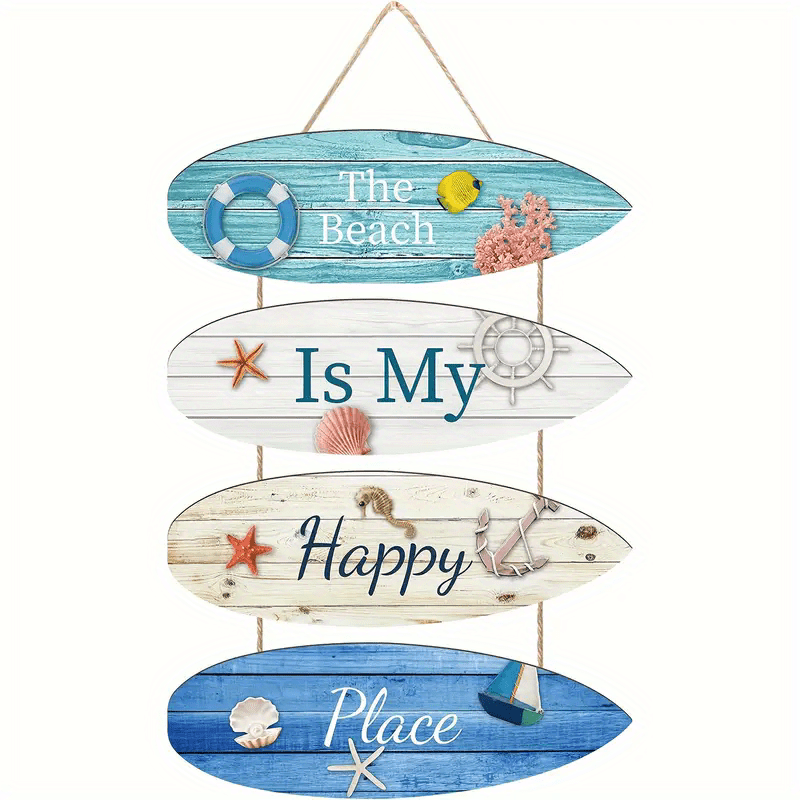 

4pcs Beach-themed Wooden Wall Art Set - 'the Beach Is Place' Hanging Signs With Hemp Rope For Living Room, Bedroom, Outdoor & Party Decor