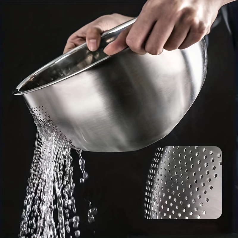 TEMU 1pc Stainless Steel Rice Washing Colander Basket - Durable Kitchen Strainer For Vegetables, Pasta, Noodles & Salads, Perforated Design For Easy