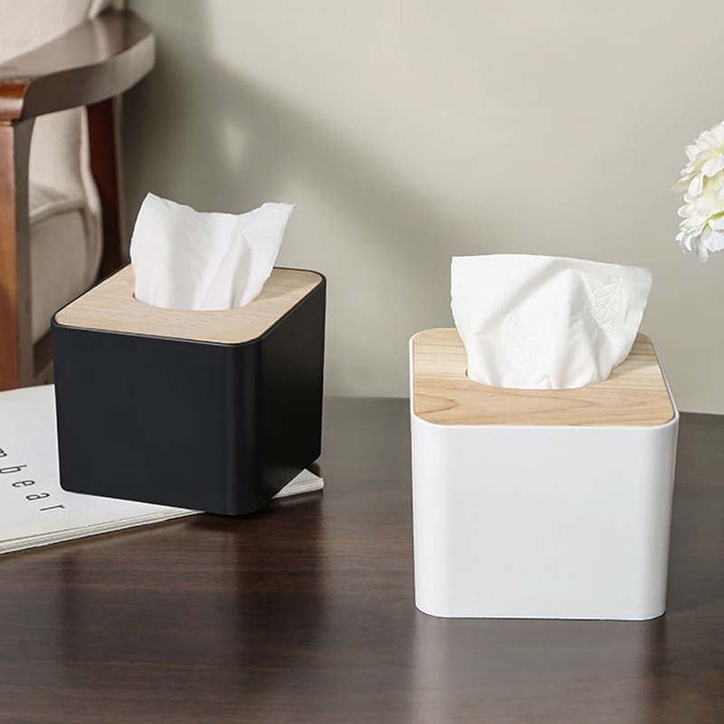 

Plastic Rectangle Tissue Holder With Wooden Lid - Thickened Napkin Storage Box For Home, Living Room, Hotel - Creative Paper Box Dispenser With Cover (1pc)