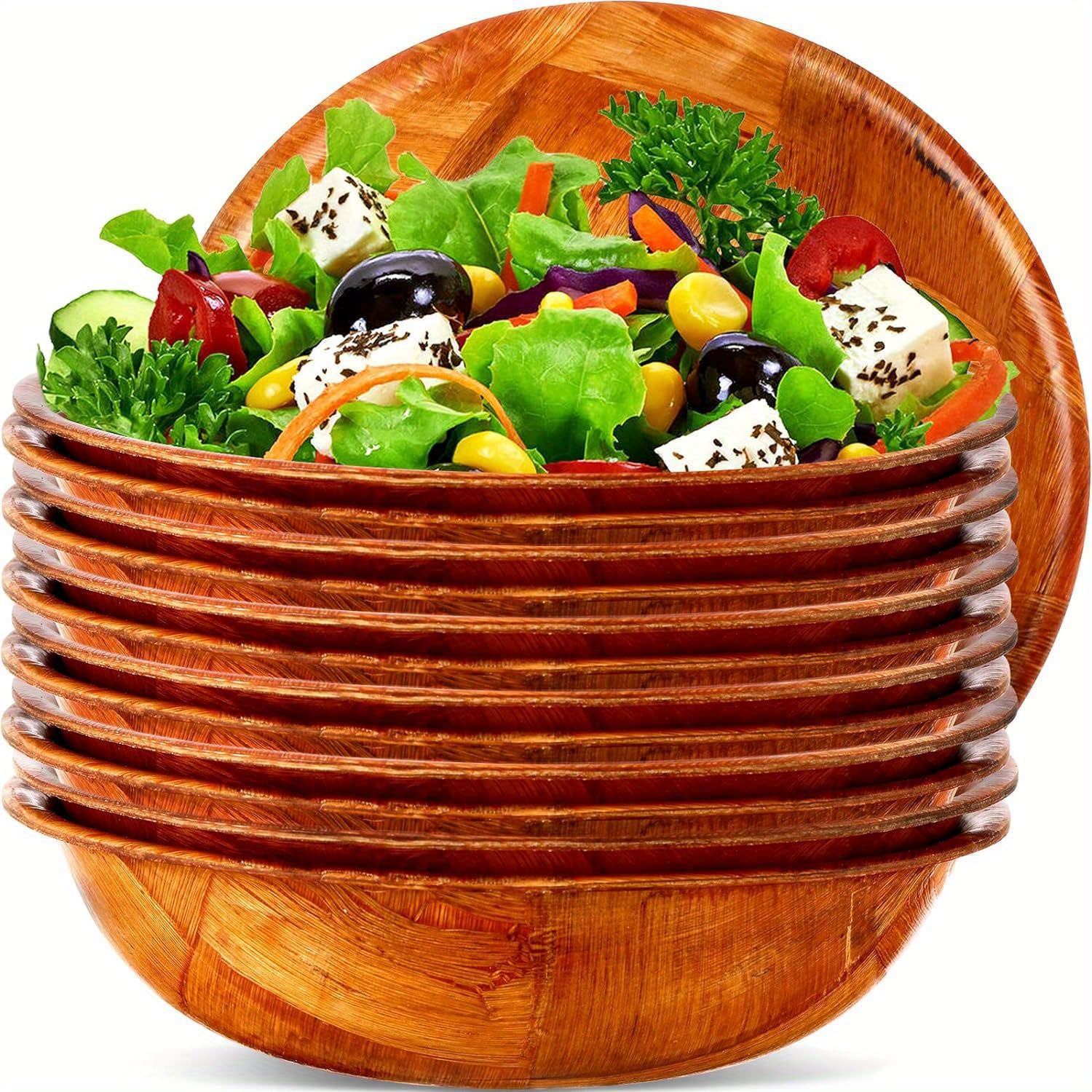 

Handmade Wooden Salad Bowls - Set Of 4, Round Woven Wood Serving Bowls For Salad, Fruit, Snacks - Durable, Glossy, Stackable - 6 Inch