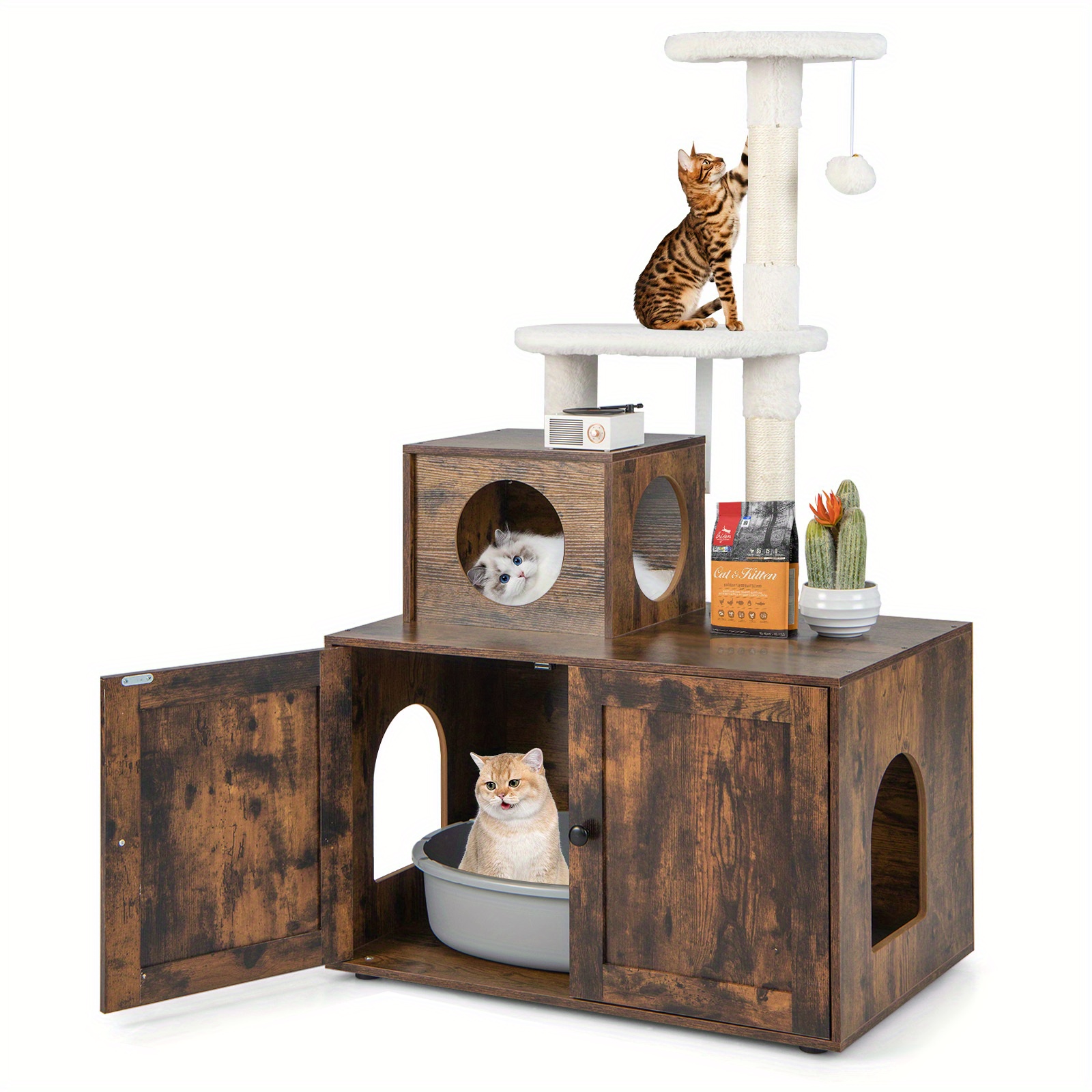 

Costway 2-in-1 Wooden Litter Box, Enclosure W/ Cat Tree Hidden Washroom Furniture