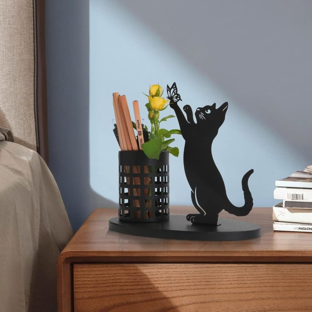 

Chic Metal Cat Pencil Holder And Pampas Grass Vase - Dual Purpose Desk Organizer, Ideal Gift For Cat Lovers And Home Decor Fans, Durable Other Plastic Material