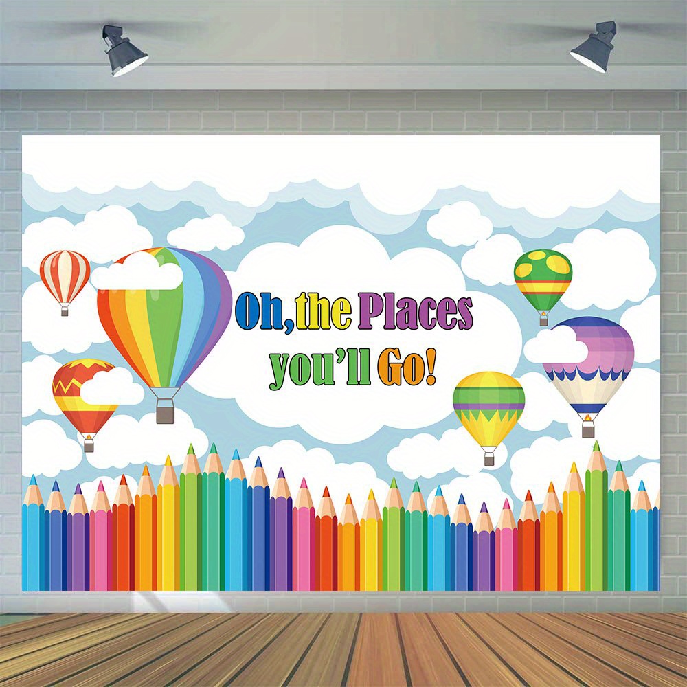 

1pc, Welcome Back To School Photography Backdrop, Vinyl, Colorful Pen Hot Air Balloon White Clouds Background Banner, First Day Of School Party Decorations Photo Booth Props