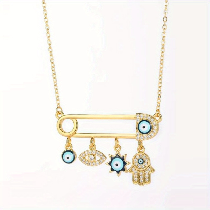 TEMU Evil Eye Hand Choker Cubic Synthetic Zirconia Necklace - Plated With Rhinestones And Safety Pin Charm For Women And - Mexican Neck Jewelry For