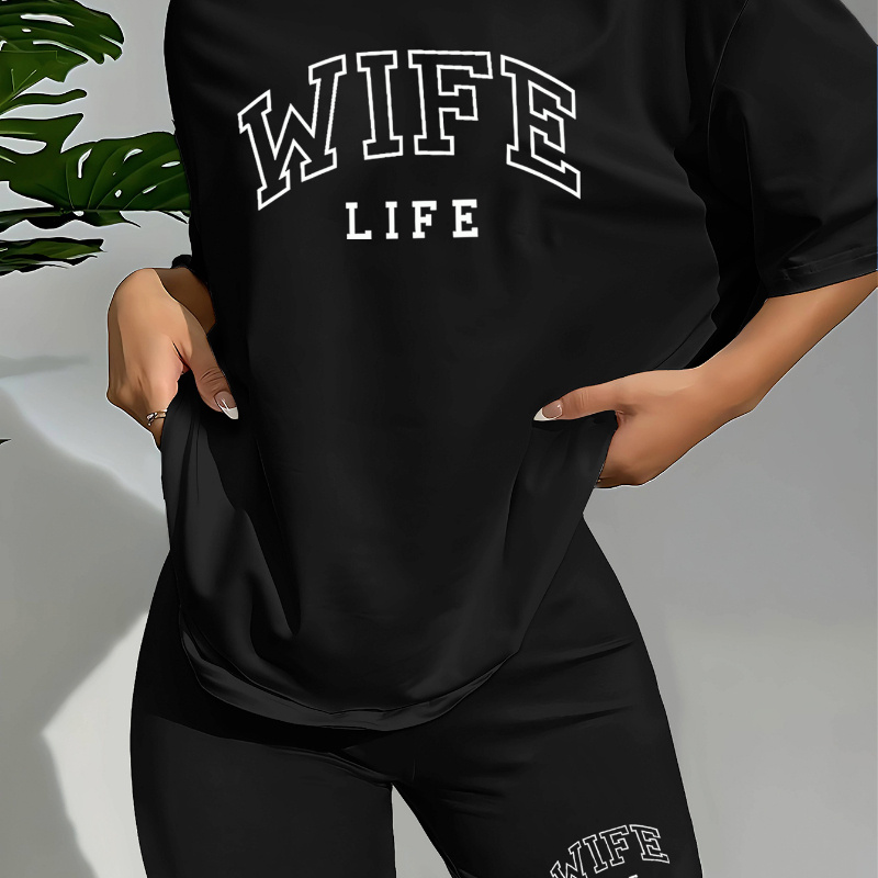 

Wife Life Print Summer & Spring Casual Shorts Set, Crew Neck Short Sleeve Top & Slim Shorts Outfits, Women's Clothing