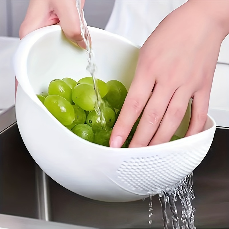 

1pc Oval Plastic Rice Washing Bowl With Built-in Strainer - Contemporary Style Kitchen Gadget For Efficient Grain Cleaning
