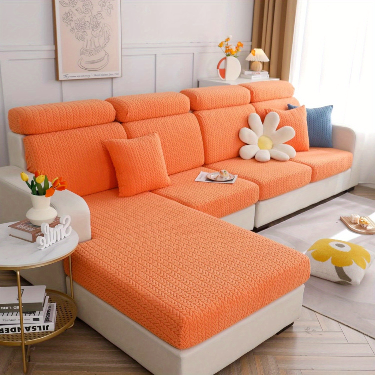 

Orange Couch Cover, Universal Stretch Chaise Sofa Slipcovers, Anti-slip L Shape Sofa Covers - Elastic Furniture Protector