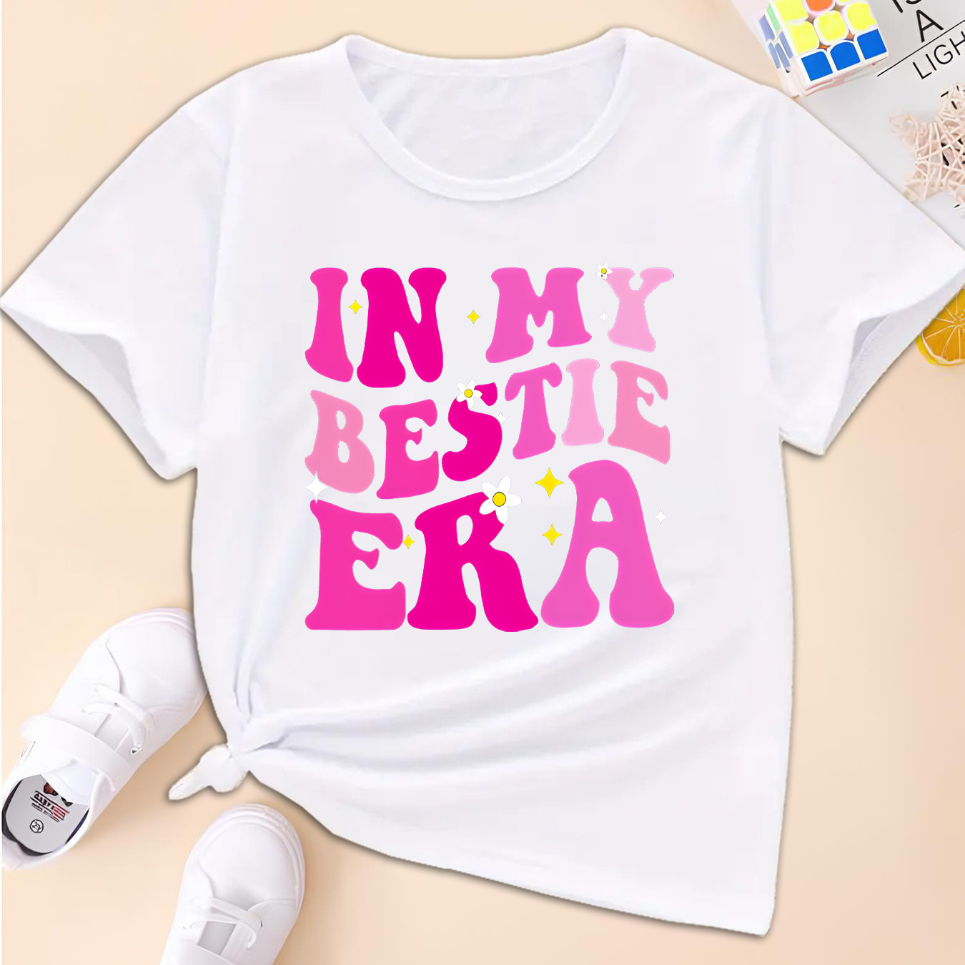 

In My Bestie Era Interesting Creative Letter Print Design Girls Casual Comfortable Crew Neck Short-sleeved T-shirt For Summer, Simple Fashion And All-match
