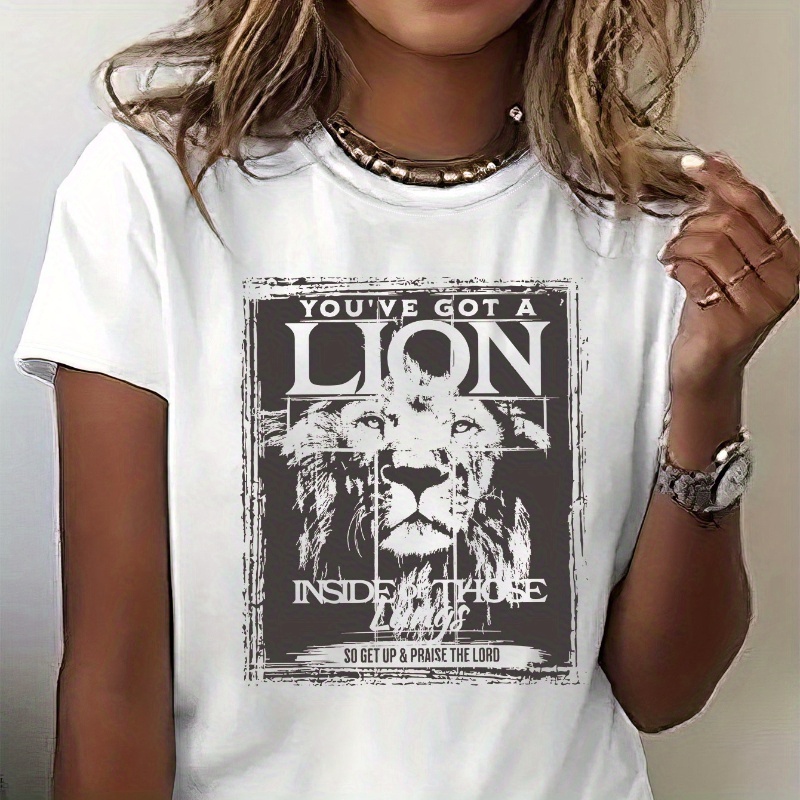 

Lion Print T-shirt, Short Sleeve Crew Neck Casual Top For Summer & Spring, Women's Clothing