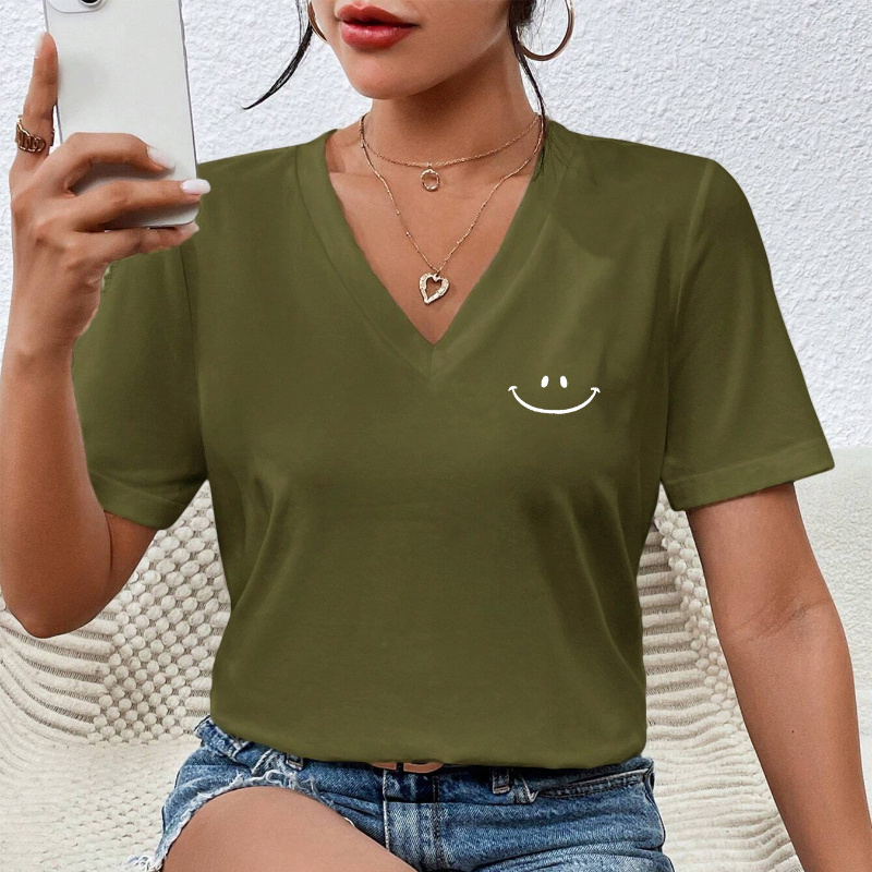 

Women's Summer Casual V-neck T-shirt With Smiling Face Print, Short Sleeve Sports Tee, Versatile & Comfortable Top