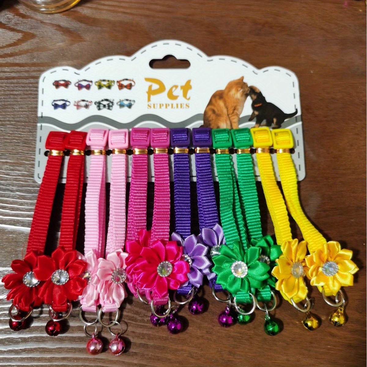 

12-piece Sunflower Pet Collars With Bells - Adjustable Polyester Neckwear For Cats & Dogs