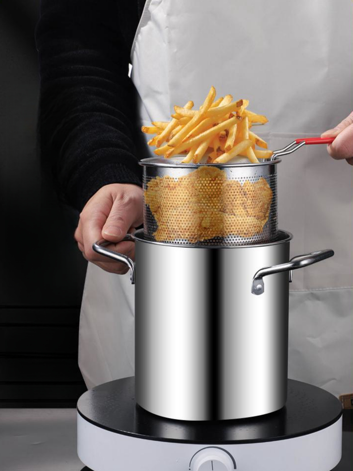 3l 100oz stainless steel deep fryer pot with strainer basket multi purpose cooking pot for boiling frying and soup making compatible with induction cooktops details 2