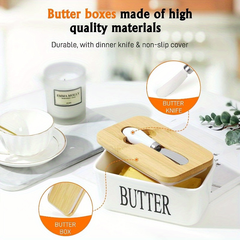 

Large Ceramic Butter Dish With Lid And Knife - Food Contact Safe, Durable, Easy Clean, Ideal For Kitchen Baking And Gifting - 1pc