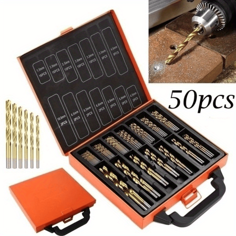 

50pcs Titanium Coated Hss Metal Drill Bit Set, Various Sizes, Durable And Efficient, No Power Needed