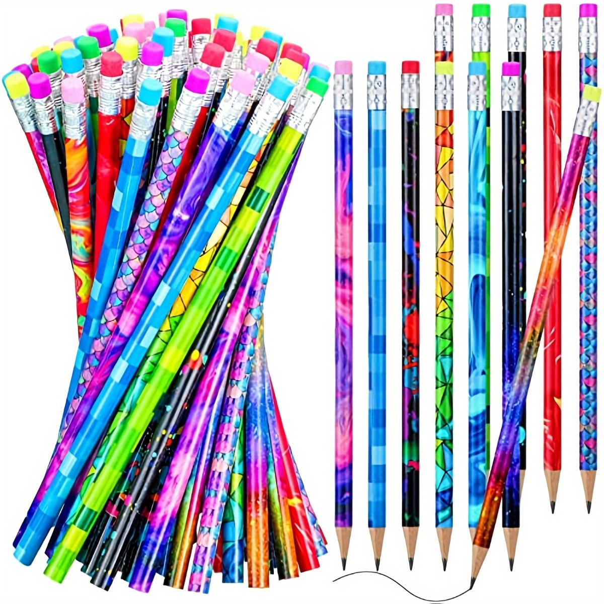 

50-piece Colorful Wooden Pencils With Erasers - Fun Novelty Writing Set For Kids, Perfect For School Supplies, Classroom Rewards & Party Favors