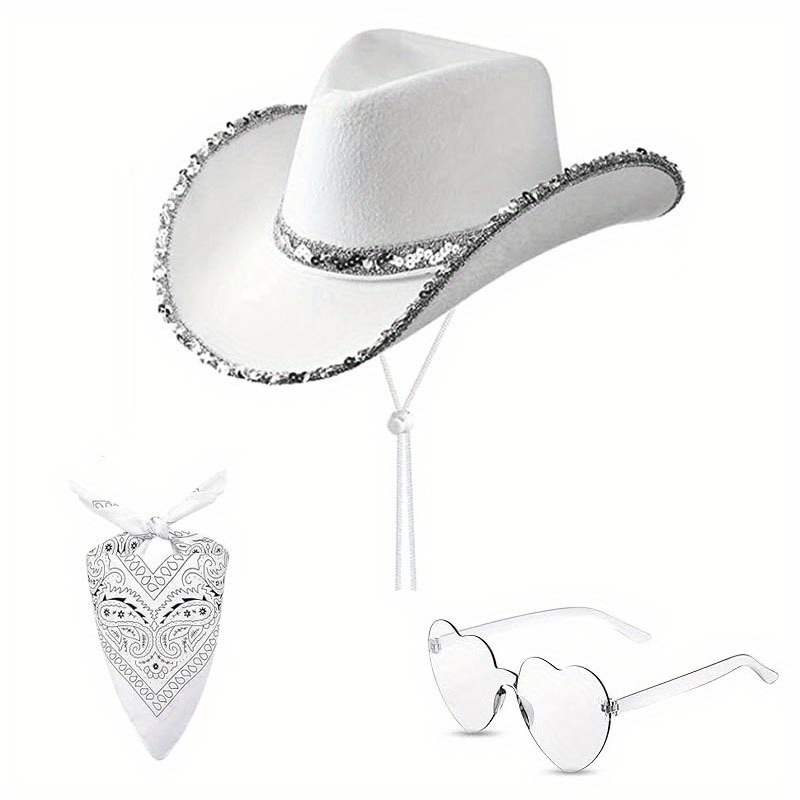 

Rhinestone Cowboy Hat Set - 3pcs Felt Western Hat With Heart-shaped Sunglasses And Bandana - Unisex Glitter Disco Party Costume Accessory - Dry Clean Only