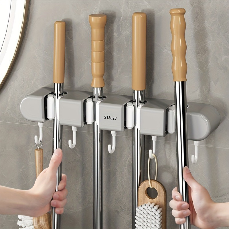 

Multifunctional Mop And Broom Holder Rack, Wall Mounted Organizer For Various Room Types, Recessed Shelf With Hooks For Tool Storage, Bathroom And Household Accessories - 1pc