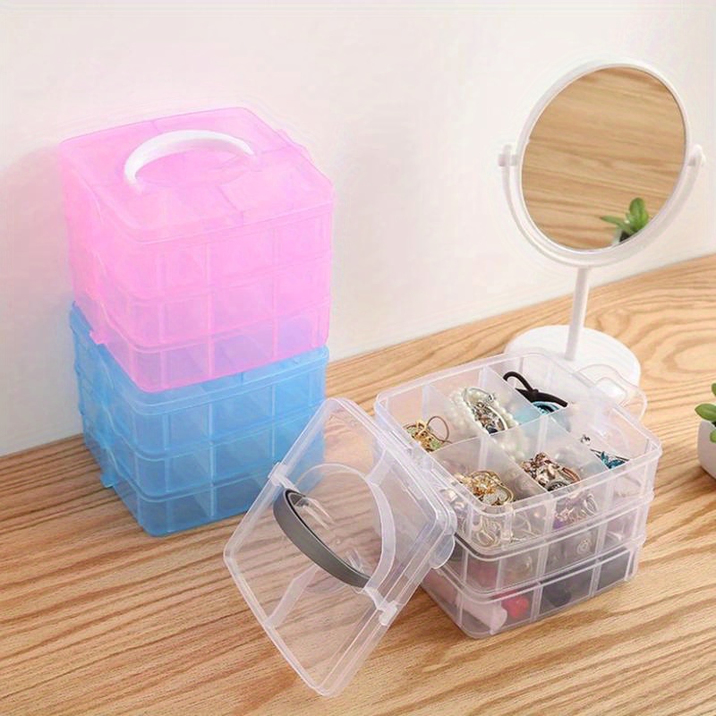 

Clear Plastic Storage Box With 3 Adjustable Layers And 18 Compartments - Durable Organizer For Jewelry Beads, Desk Accessories, Bathroom Supplies - Portable Design With Handle, 6.5"x6.5"x5.12" - 1pc