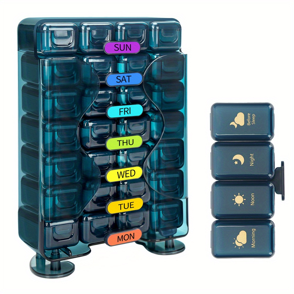 7-Day Pill Organizer with Drawer – 4 Daily Compartments, Large Weekly Medicine &amp; Vitamin Case, Compact Design, Food-Grade PP,, Silicone Anti-Skid Pad, Bright Blue, Travel-Friendly, Daily Pill Management | Compact Pill Case | Bpafree Material, Pill Box