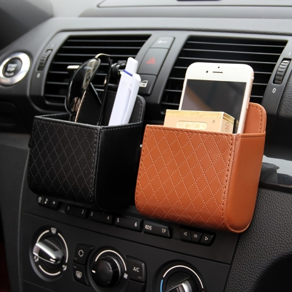 

2pcs Car Air Vent Hanging Storage Box Pu Leather Mobile Phone Holder, Convenient Car Storage Pocket