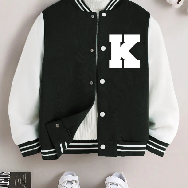 

Letter K Pattern Long Sleeve Baseball Style Jacket - Color Blocking Fleece Varsity Jacket Gift - Boys' Clothing