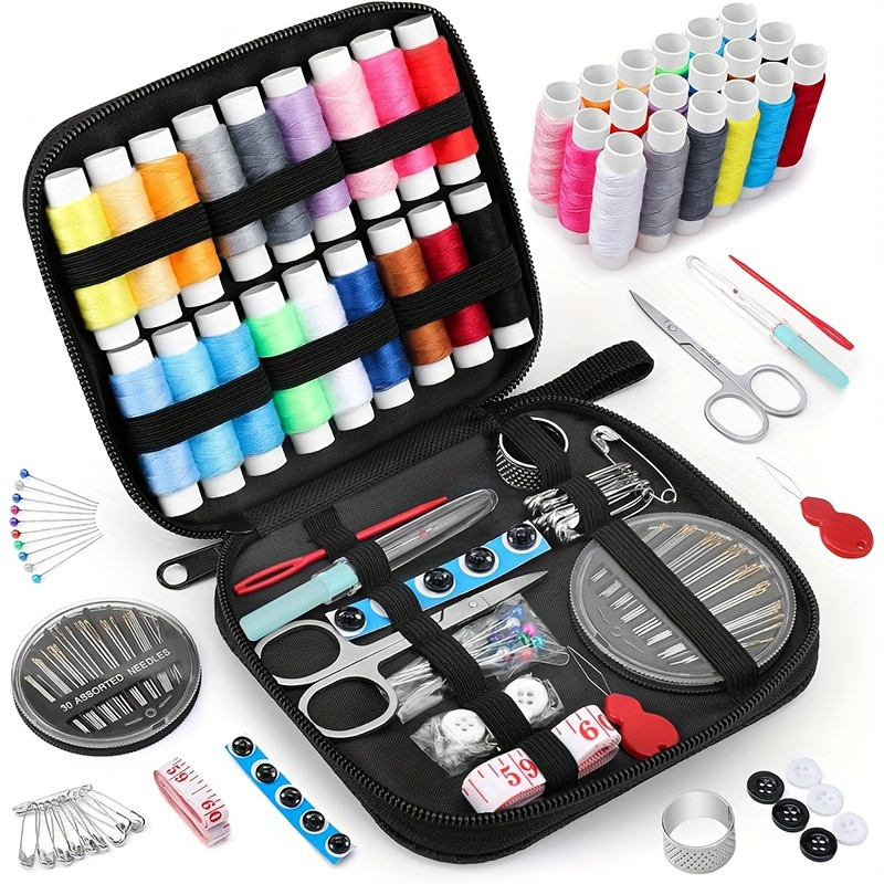 

Complete Sewing Kit With Portable Case - Essential Supplies For Home, Travel & Beginners - Includes Thread, Scissors, Needles & More - Black