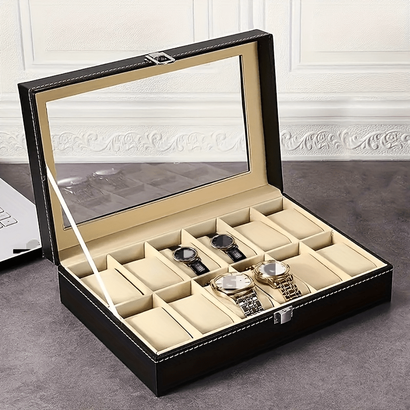 

Elegant Watch & Jewelry Organizer Box - Transparent Display Case With Pu Leather Finish, Perfect For Home Decor