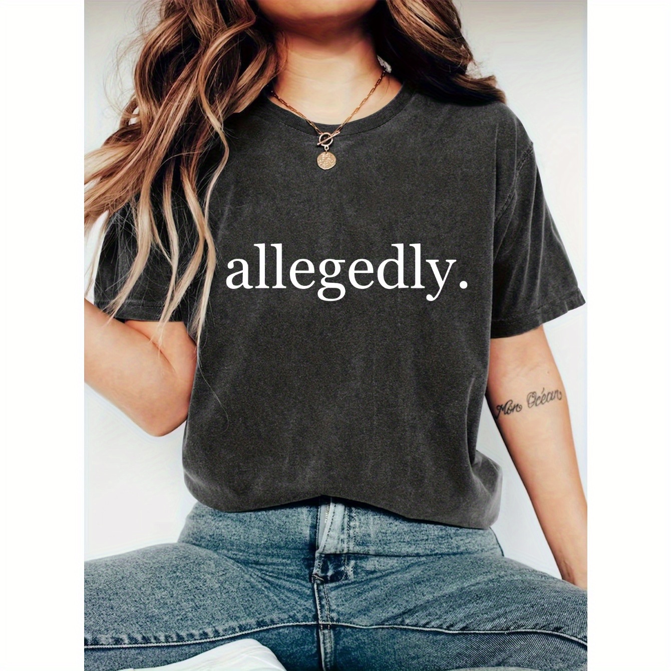 

Allegedly Print Crew Neck T-shirt, Casual Short Sleeve Top For Spring & Summer, Women's Clothing