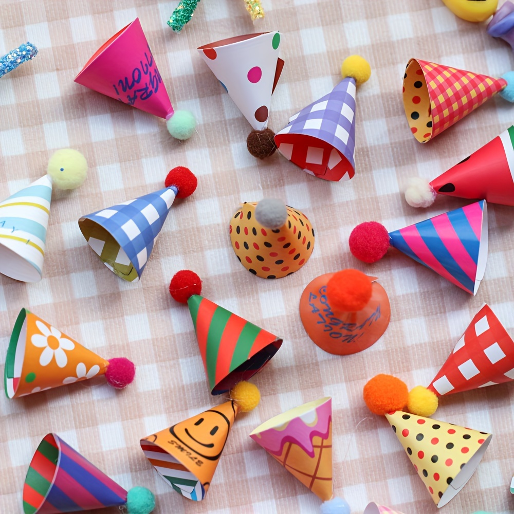 

30pcs Mini Party Hats Set - Paper Cake Topper Decorations With Colorful Designs, Pom Poms - Birthday Party Supplies