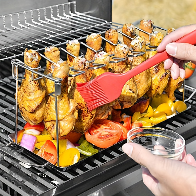 

1 Set Chicken Leg Wing Rack, Chicken Leg Rack, Chicken Wing Rack, Stainless Steel Vertical Roaster Stand, Drip Pan For Grill Or Oven, Chicken Wing Rack For Bbq, Picnic, Kitchen Accessaries, Bbq