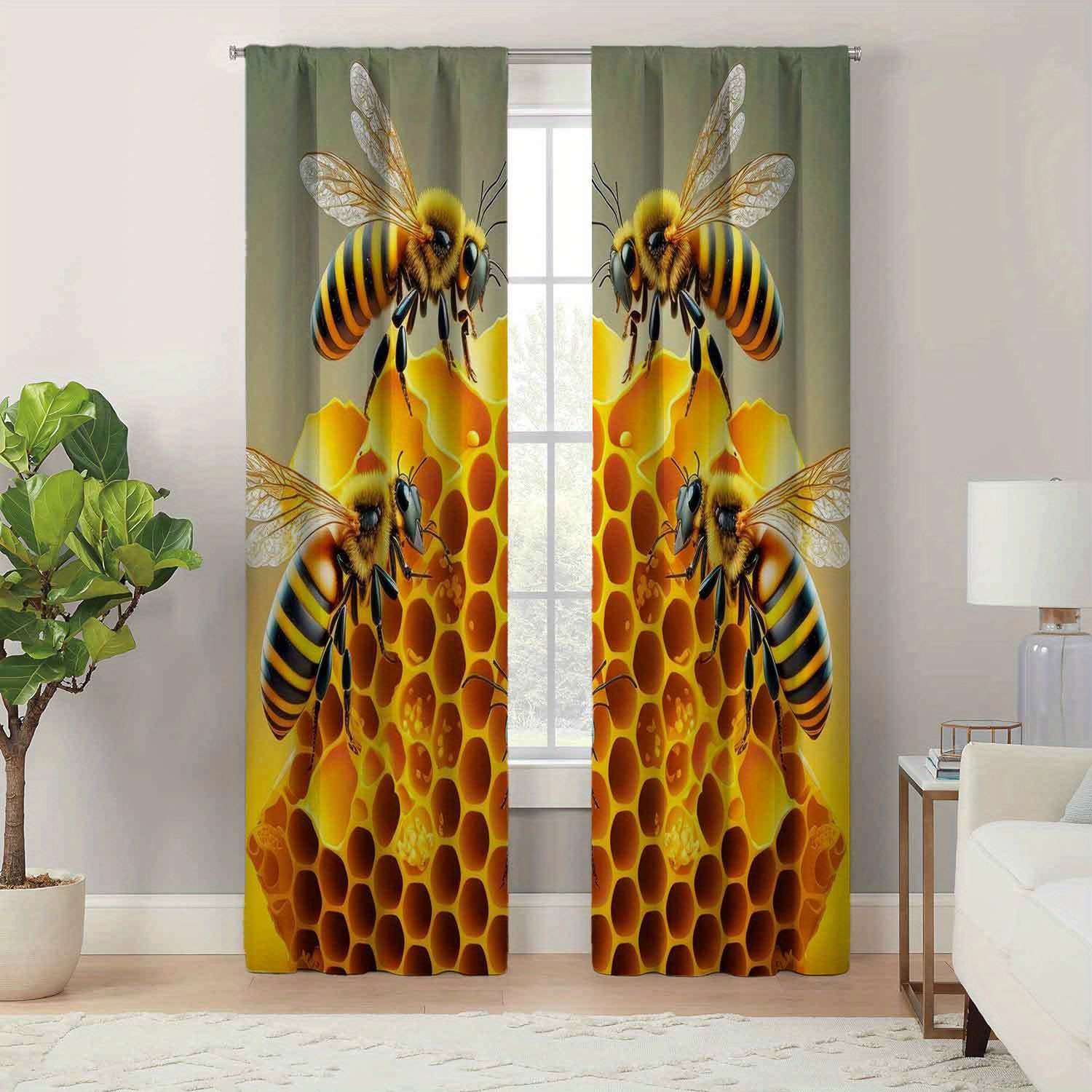 

2pcs, Honey Bee Pattern Print Curtains, Modern Simplistic Style, Charm For All Seasons, Easy Maintenance, Durable & Easy-to-hang, Ideal For Living Room And Bedroom Decor