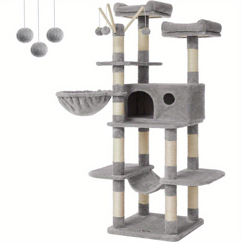 

Feandrea Cat Tree, Large Cat Tower, 64.6 Inches, Cat Activity Center With Hammock, Basket, Removable Fur Ball Sticks, Cat Condo, Light Gray