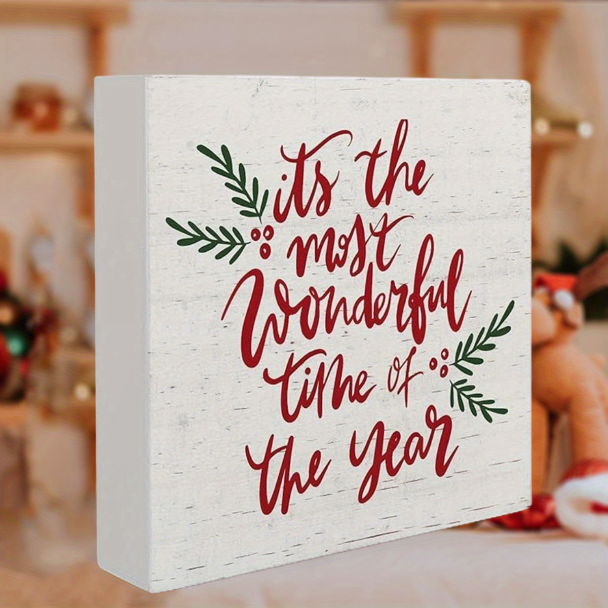 

1pc Rustic Wooden Merry Christmas Sign, 1pc, Festive 3d "it's The Most Wonderful Time Of The Year" Foam Pvc Desktop Ornament, Holiday Wall Decor With Greenery Accents For Home & Outdoor Use