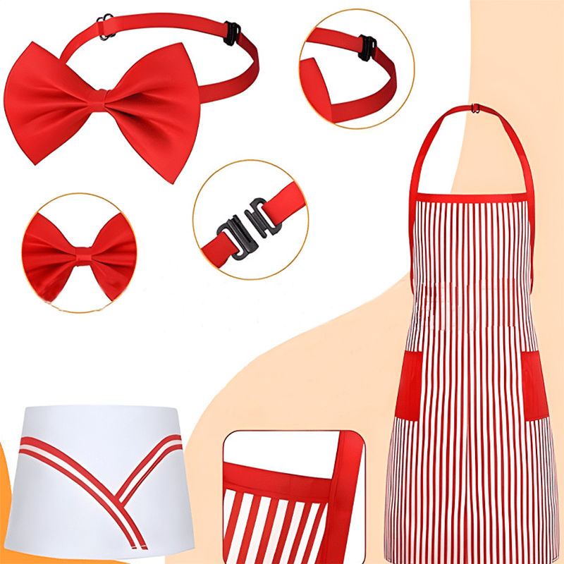 

Red & White Stripe Chef Apron And Hat Set With Bow Tie - Unisex Cosplay Event & Party Waiter/waitress Uniform Kit, Fabric Material, No Electricity Required