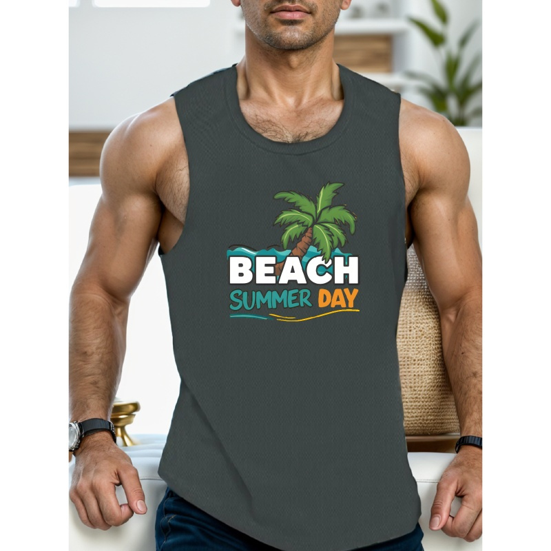 

Beach Summer Day Print Summer Men's Quick Dry Moisture-wicking Breathable Tank Tops, Athletic Gym Bodybuilding Sports Sleeveless Shirts, For Running Training, Men's Clothing