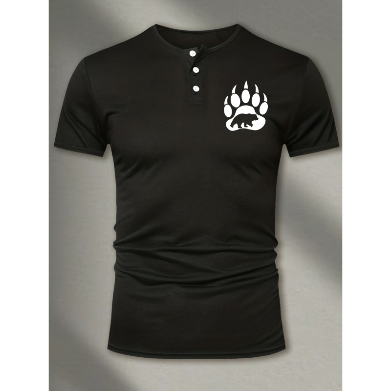 

Plus Size Men's Henley T-shirt, Bear Paw Print Casual Outdoor Comfy Henley Tees, Summer Trendy Clothing For Big & Tall Guys