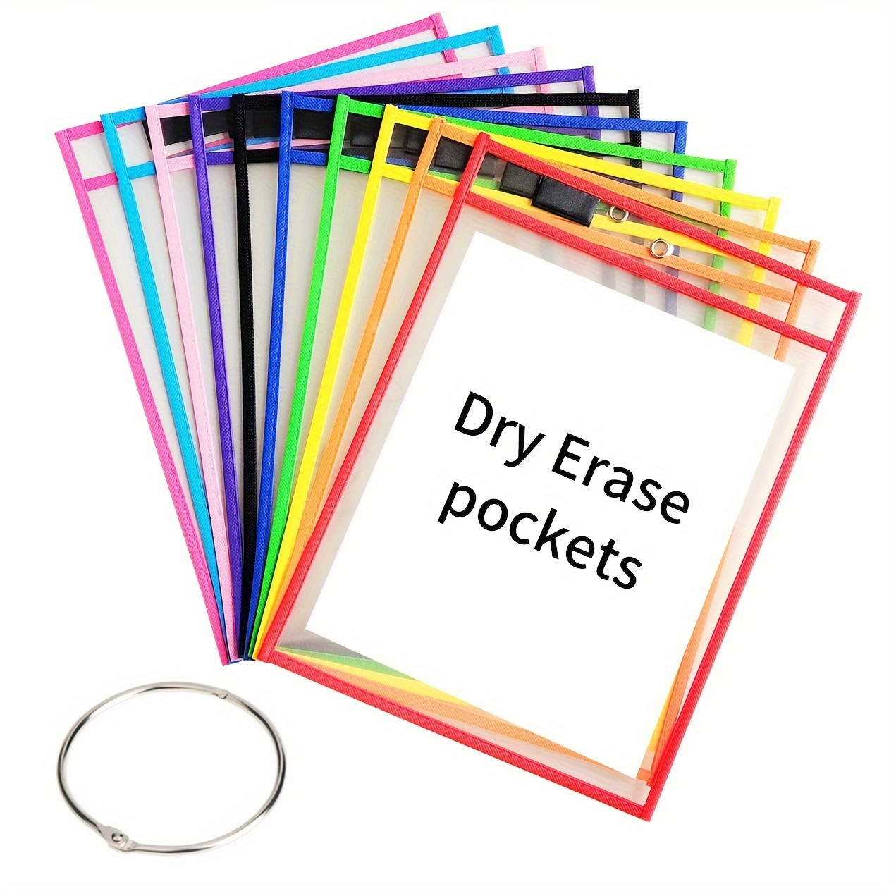 

6/10-piece Large Dry Erase Pouches With Binding Rings - Reusable, Clear Plastic Writing & Display Sleeves For Classroom And Art Projects
