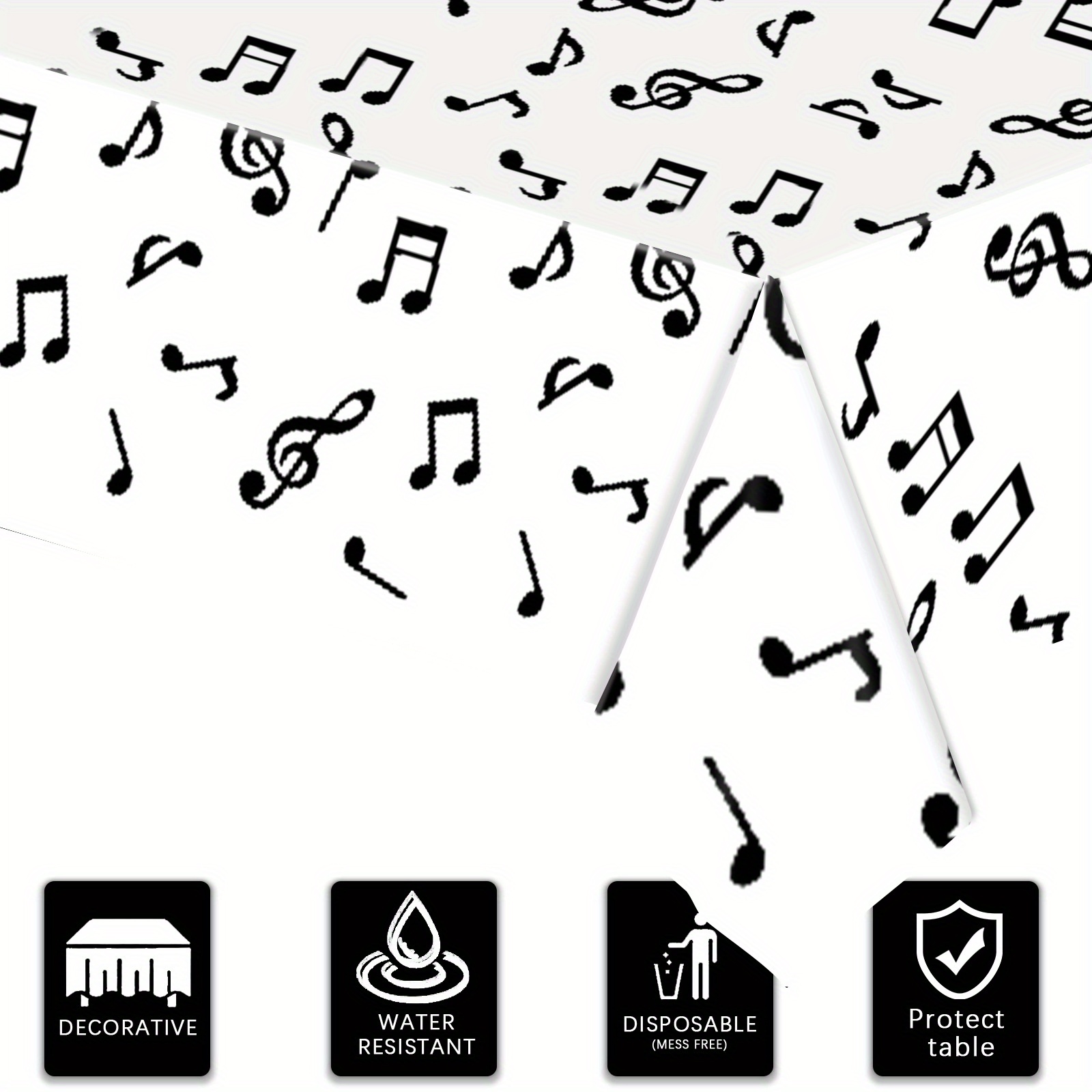 

1pc, Black And White Notes Printed Tablecloth, Disposable Music Party Tablecloth, Music Festival Theme Party Decorations