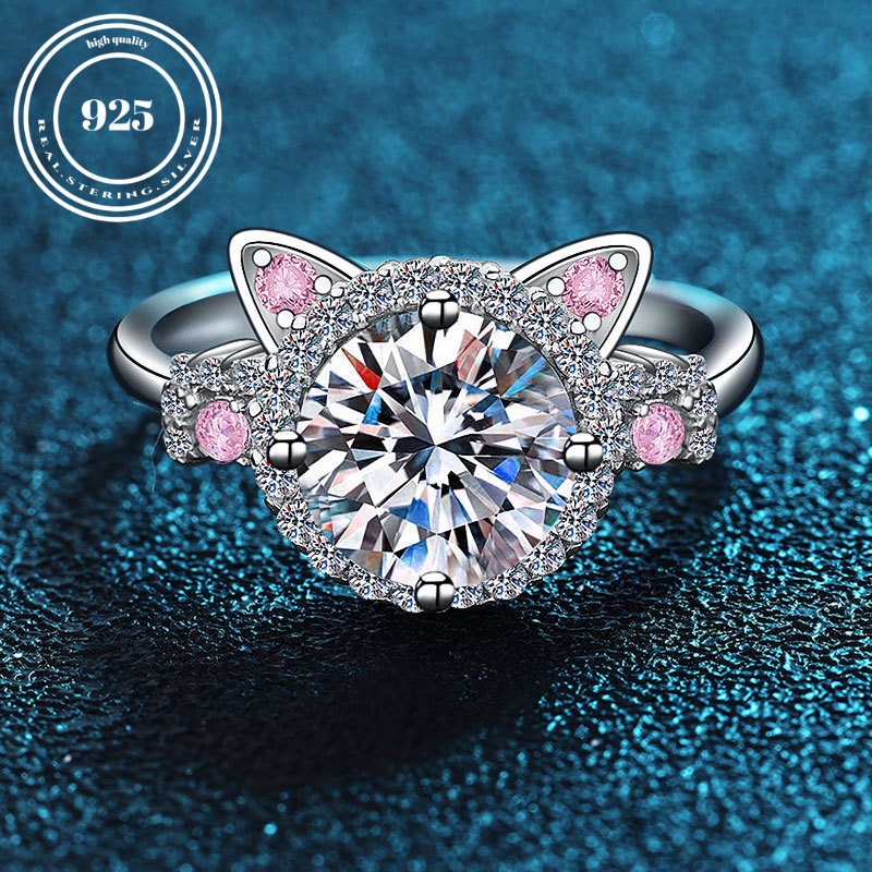 

Adorable Cat-shaped 925 Sterling Silver Ring With Sparkling - Adjustable Size, Perfect For Daily Wear Or As A Gift.