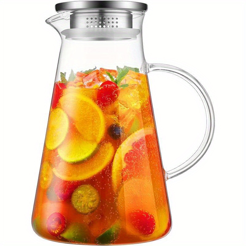 1pc heat resistant glass pitcher with lid 1 8l clear beverage carafe with handle for hot cold drinks juice coffee lemonade easy   for   office drinkware accessory   christmas new year gift details 0