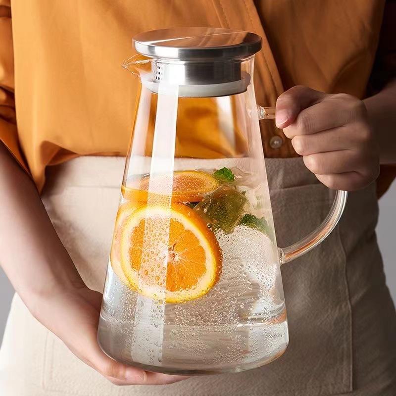 1pc heat resistant glass pitcher with lid 1 8l clear beverage carafe with handle for hot cold drinks juice coffee lemonade easy   for   office drinkware accessory   christmas new year gift details 7