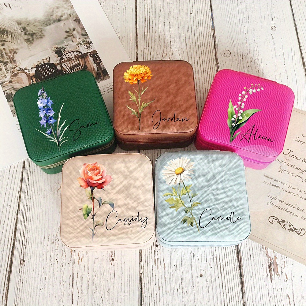

[ Customized ] 1pc Engraved Birth Flower And Custom Name Jewelry Box, Travel Zipper Jewelry Box, Gifts For Birthday Mother's Day
